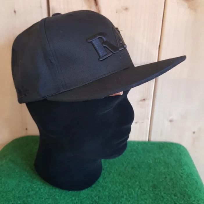 RAW FLAT BILL SNAP BACK POKER HAT - BLACK WITH BLACK LETTERING