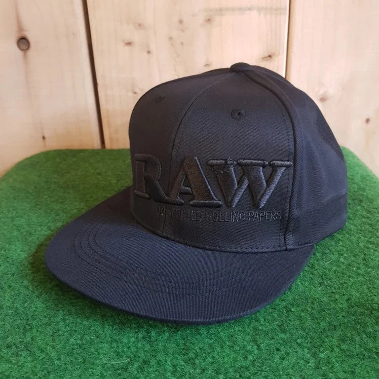 RAW FLAT BILL SNAP BACK POKER HAT - BLACK WITH BLACK LETTERING