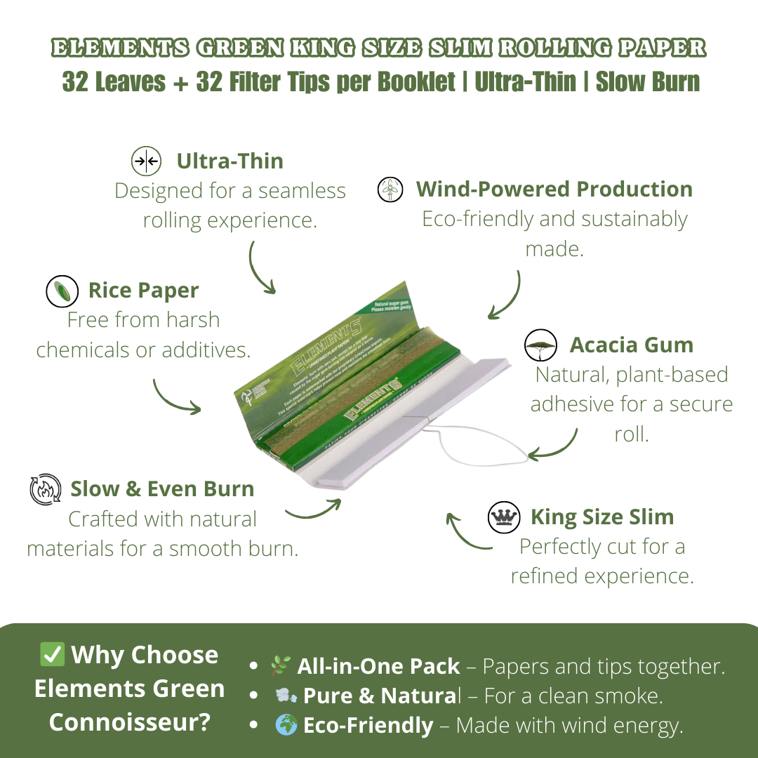 ELEMENTS GREEN CONNOISSEUR - King Size Rolling Papers with Tips