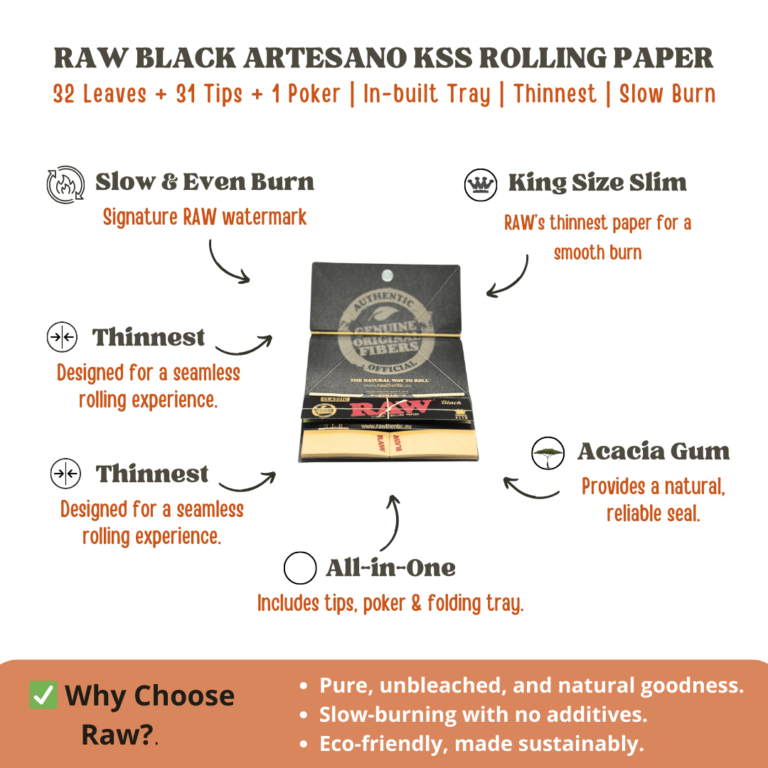 RAW Black Artesano King Size Slim Rolling Papers + Tips + Tray + Poker