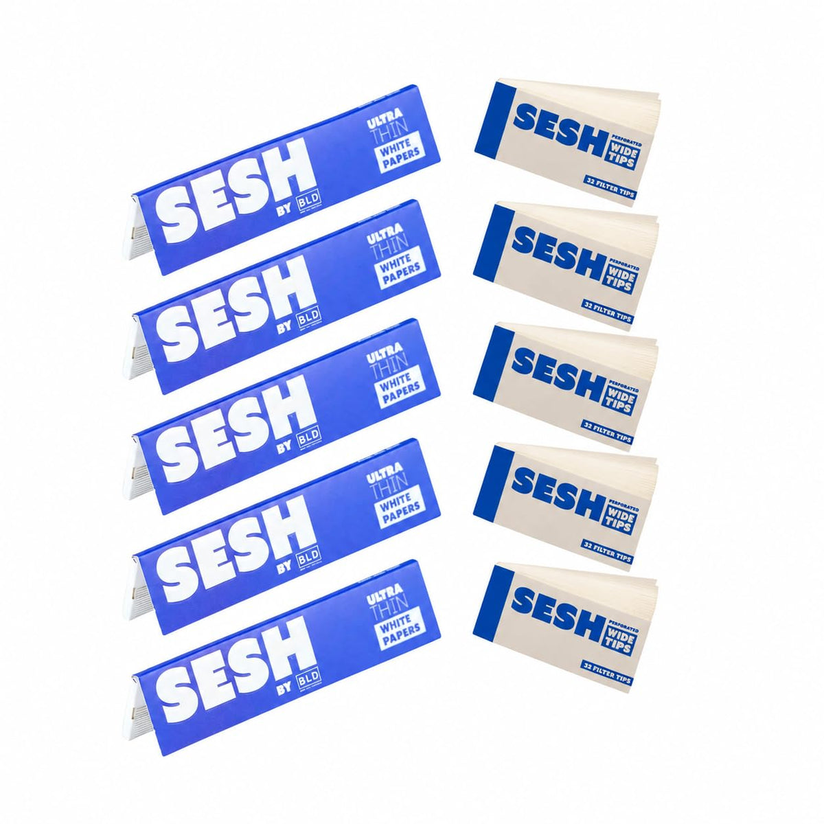 SESH King Size White Rolling Paper Combo with Roach Tips | 5 Booklets Papers + 5 Booklets Tips Bamboo Sheets