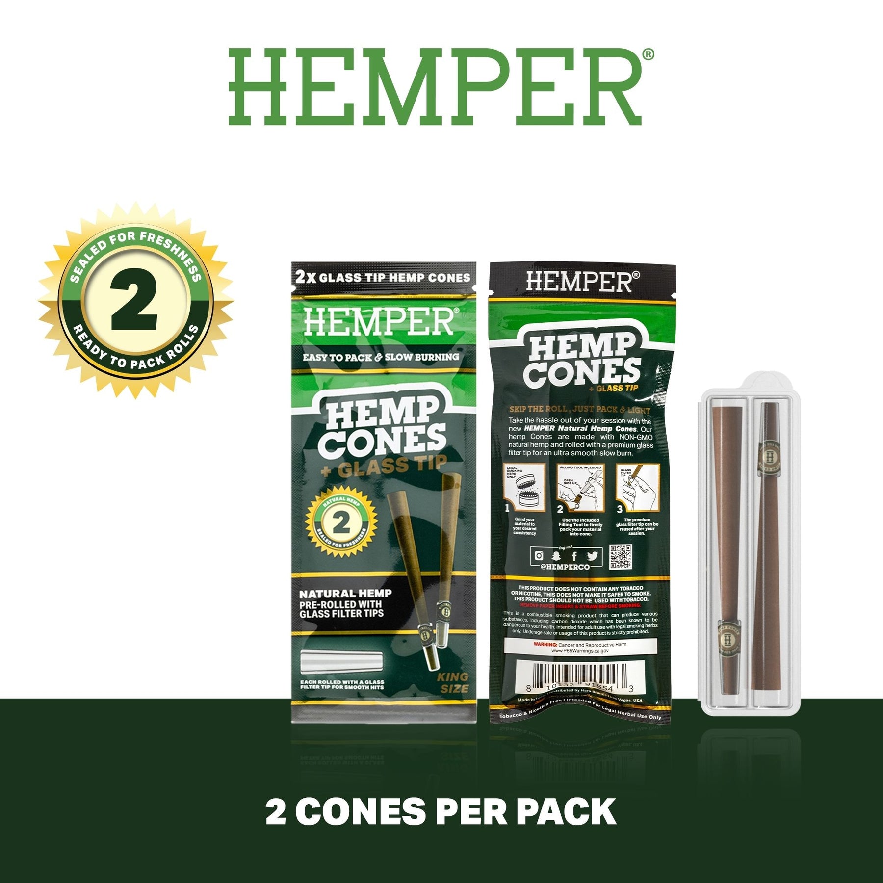 HEMPER Natural Hemp Flavored Cones with Glass Filter Tip – 2-Pack