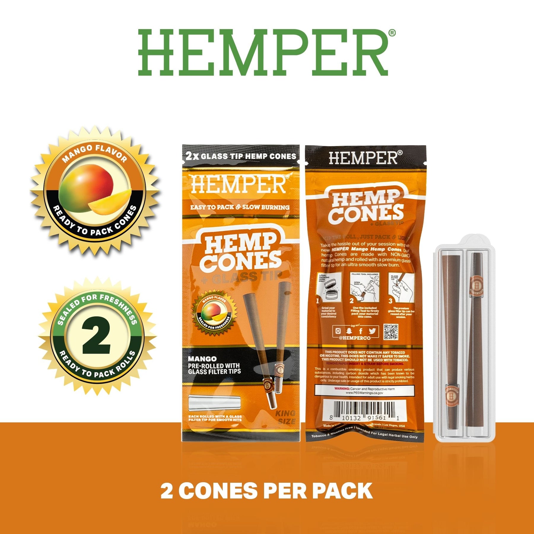 HEMPER Mango Flavored Cones with Glass Filter Tip – 2-Pack