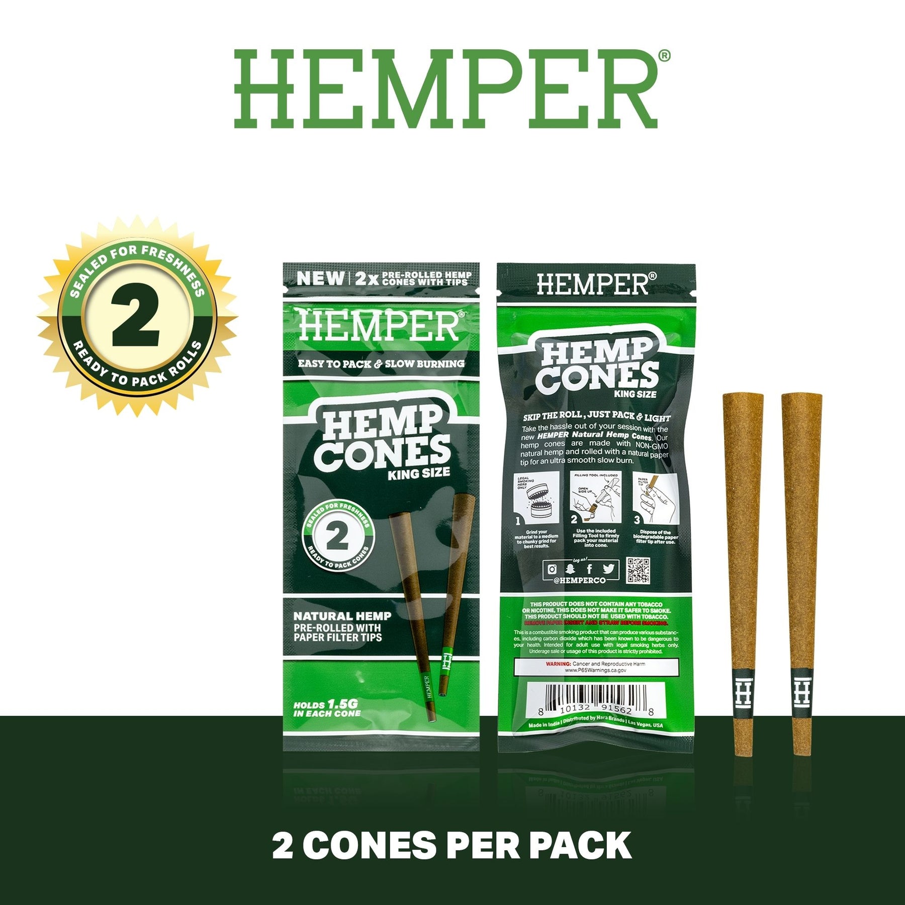 HEMPER Natural Hemp Cones with Paper Filter Tips – 2-Pack
