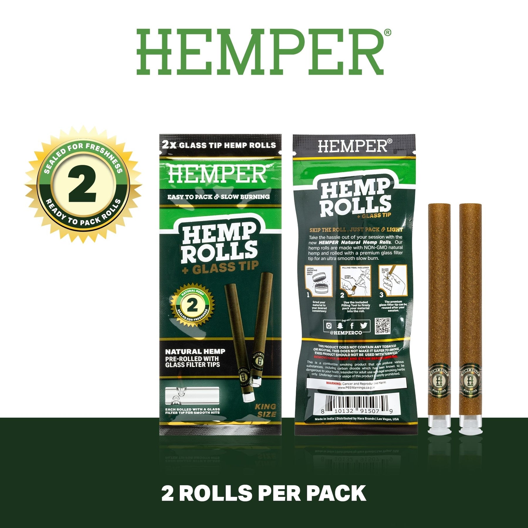 HEMPER Natural Hemp Rolls with Glass Filter Tips – 2-Pack