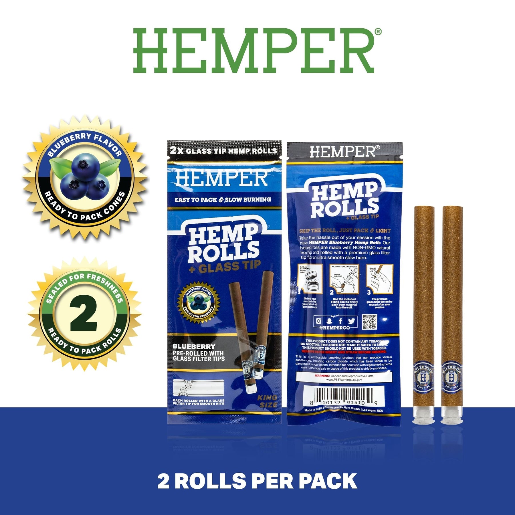 HEMPER Blueberry Flavored Rolls with Glass Filter Tips – 2-Pack