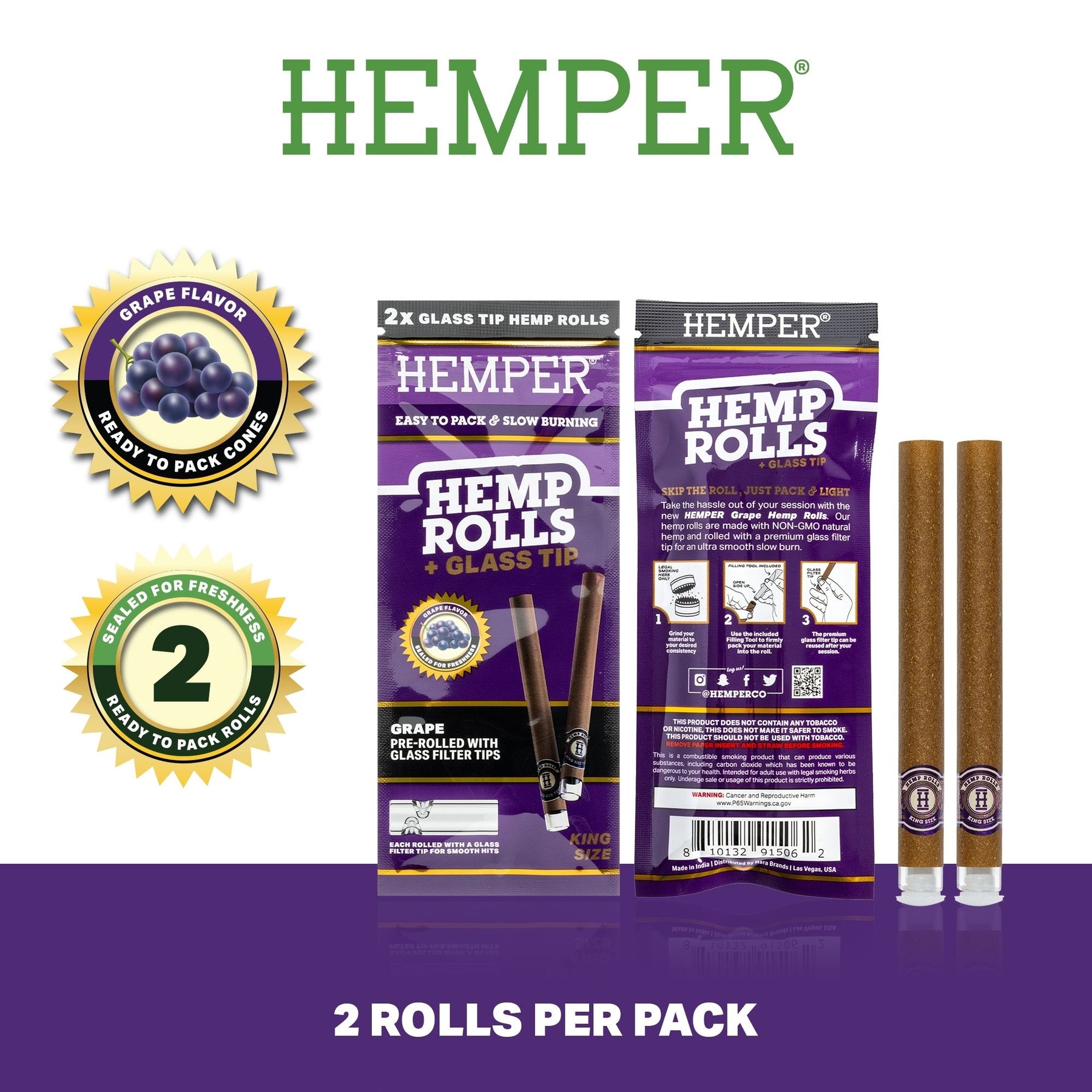 HEMPER Grape Flavored Rolls with Glass Filter Tips – 2-Pack