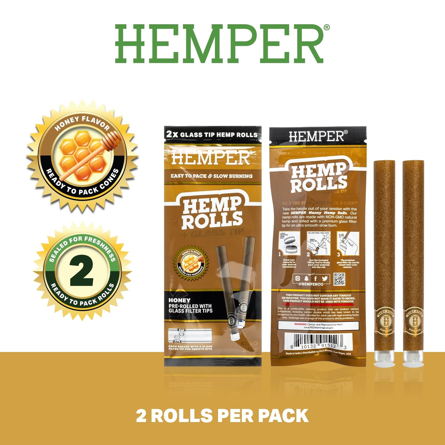 HEMPER Honey Flavored Rolls with Glass Filter Tips – 2-Pack