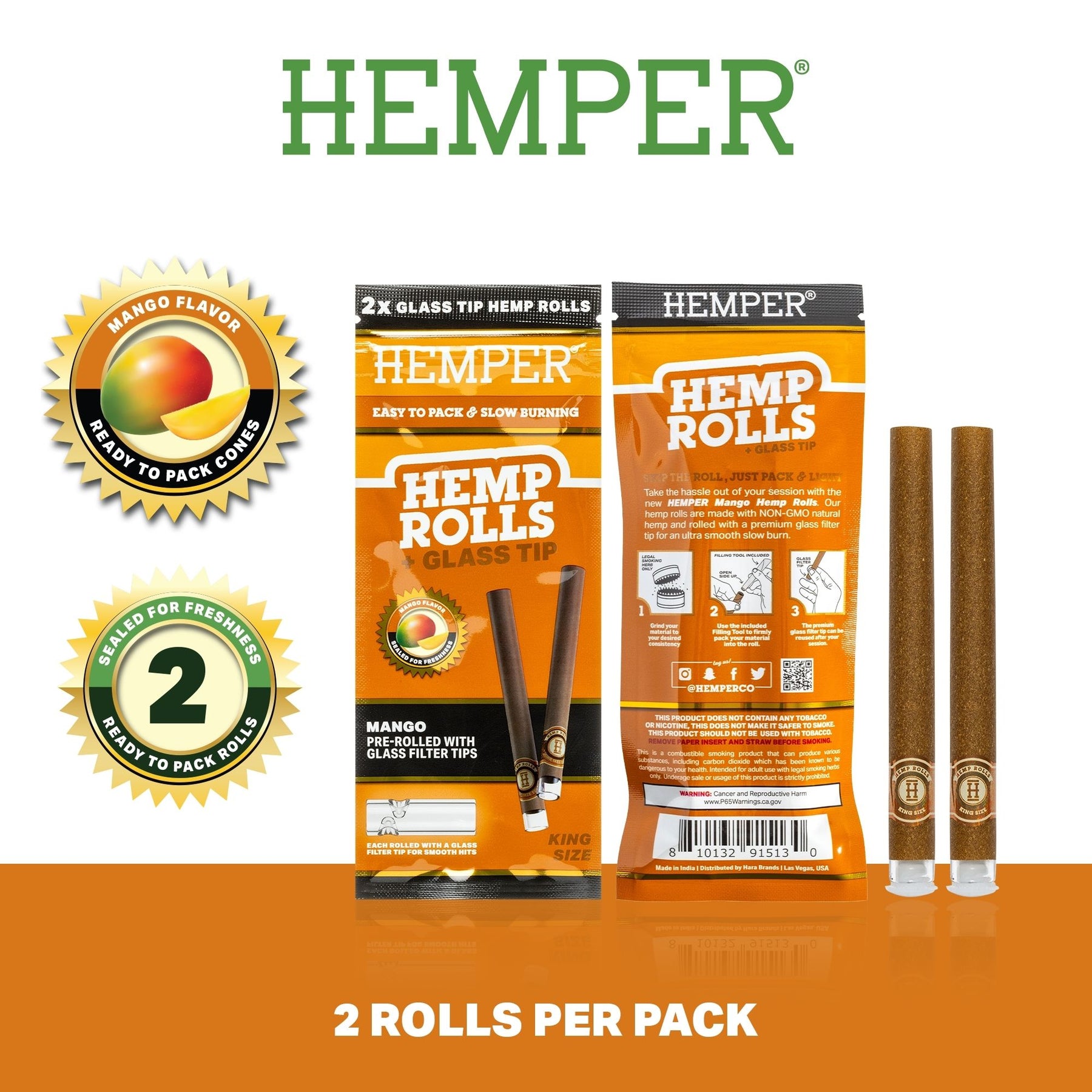 HEMPER Mango Flavored Rolls with Glass Filter Tips – 2-Pack