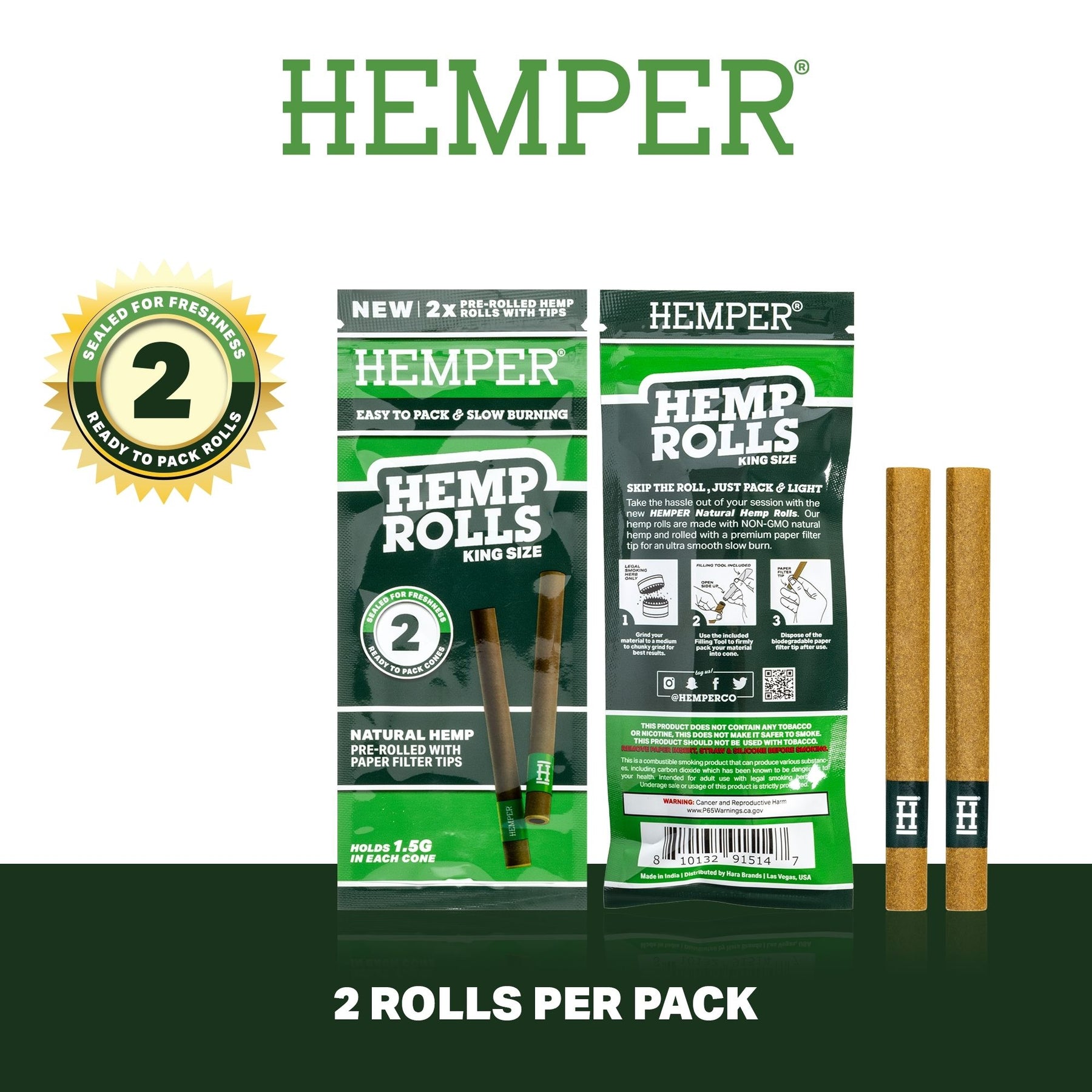 HEMPER Natural Hemp Rolls with Paper Filter Tips – 2-Pack