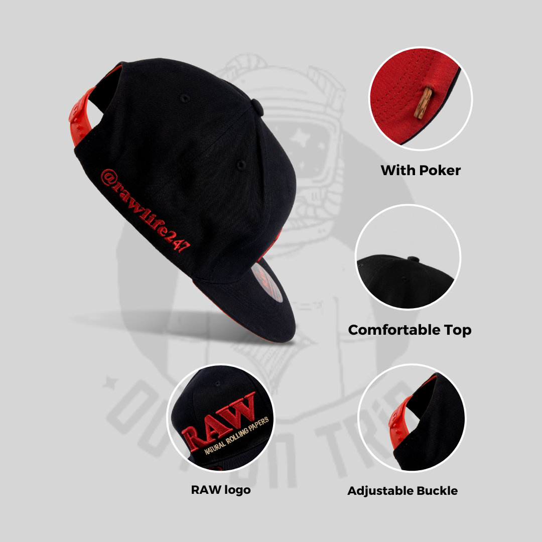 RAW FLAT BILL SNAP BACK POKER HAT - BLACK WITH BLACK LETTERING