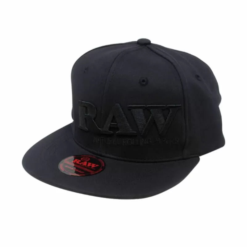 RAW FLAT BILL SNAP BACK POKER HAT - BLACK WITH BLACK LETTERING