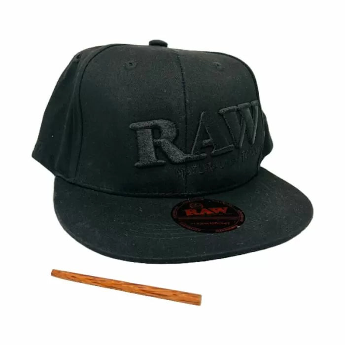 RAW FLAT BILL SNAP BACK POKER HAT - BLACK WITH BLACK LETTERING