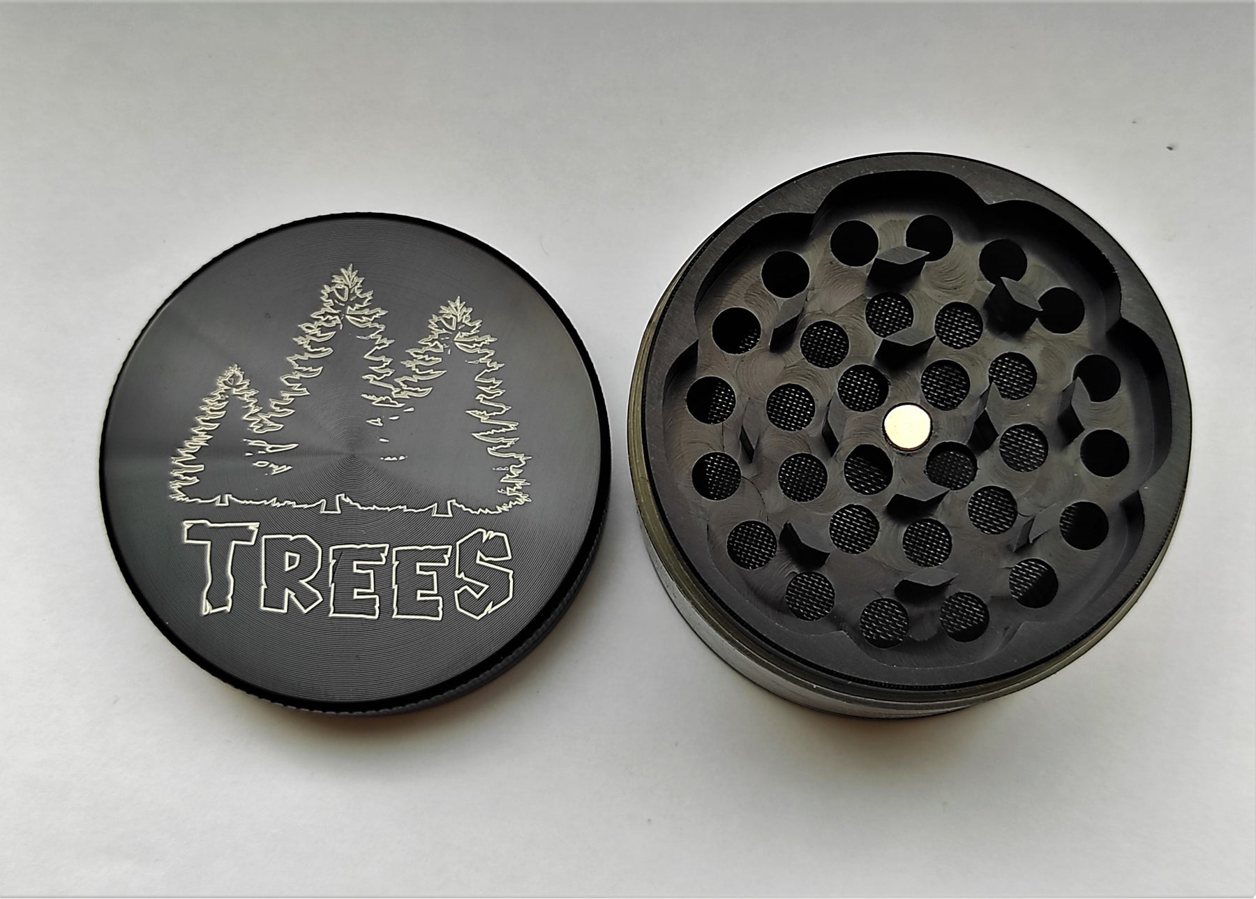 CNC Black Aluminium Large Herb Crusher - 56MM - Tree Design