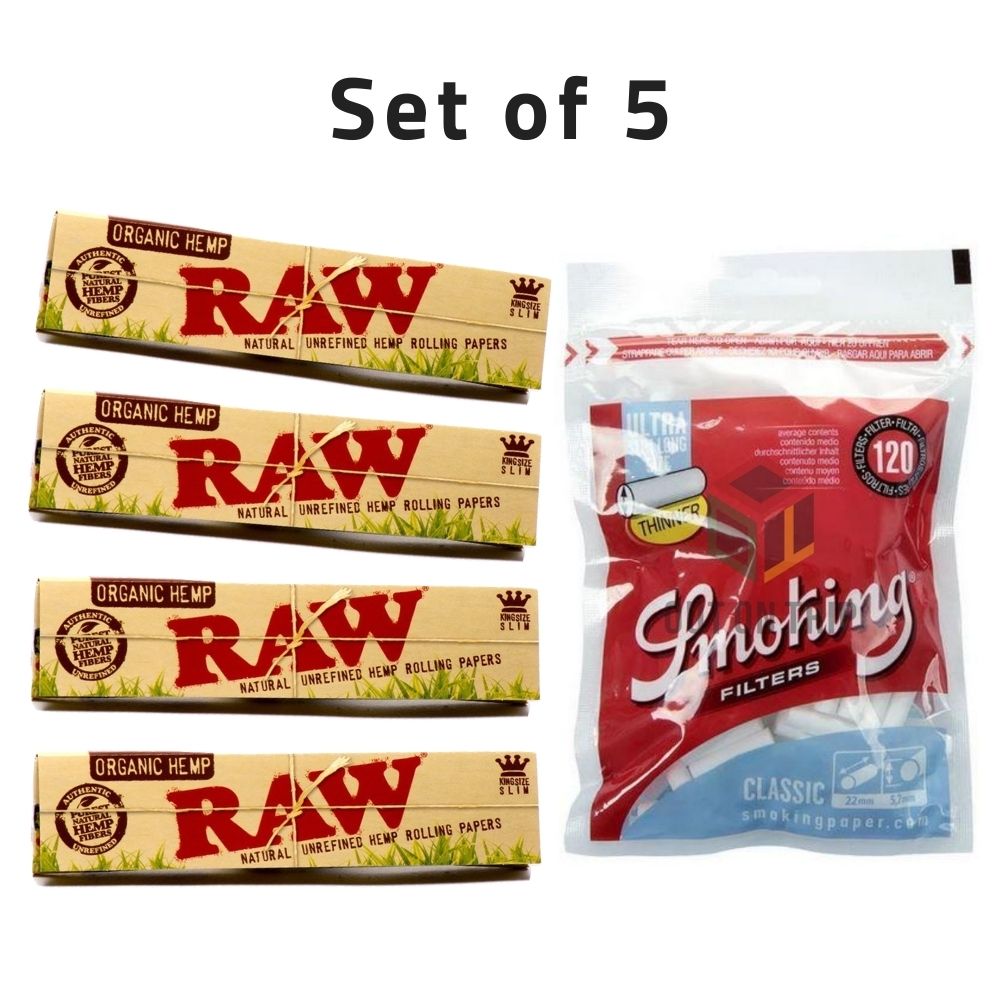 RAW Organic Rolling Paper with Smoking Ultra Slim Cotton Filter - Set of 5