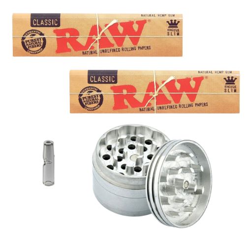 Combo of 2 Packs of Raw Classic Paper and a 6mm Reusable Glass Filter Tip with 40mm Metallic Crusher