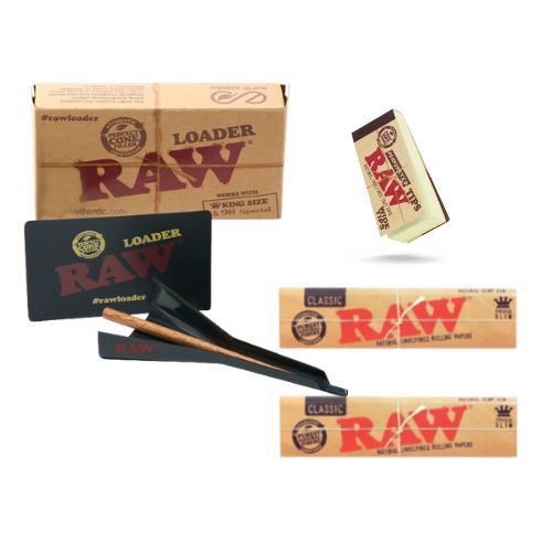 Combo of 2 Packs of  Raw Classic Paper and  a Raw Wide Tips with a Raw Cone Loader