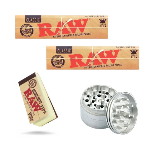 Combo of 2 Packs of Raw Classic Paper and  a Raw Wide Tips with 40mm Metallic Crusher