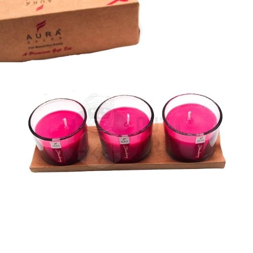 Aura Decor Gift Set of 3 Fragrance Votive Glass Candles (Burning Time 12 Hours Each) (Strawberry)