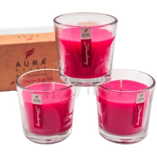 Aura Decor Gift Set of 3 Fragrance Votive Glass Candles (Burning Time 12 Hours Each) (Strawberry)