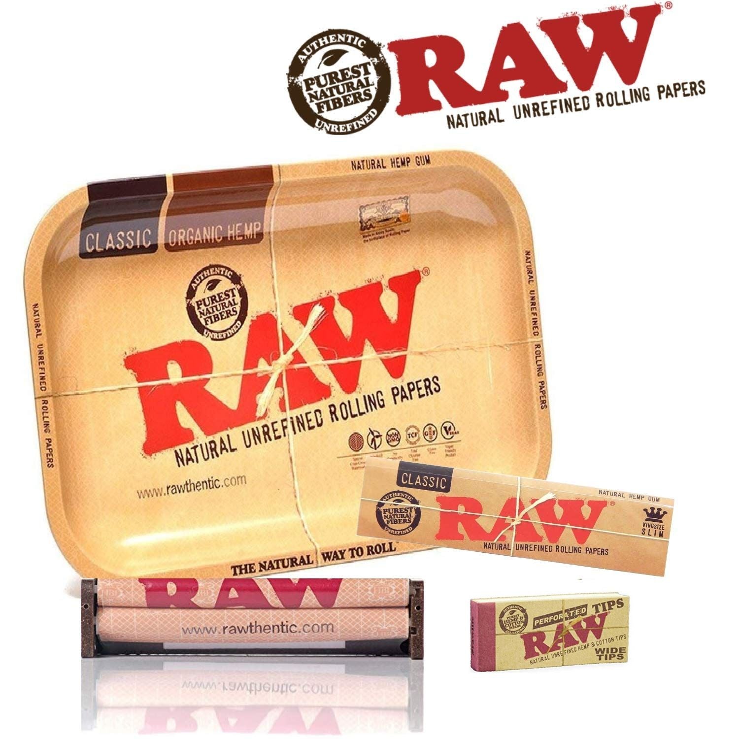 RAW Classic Rolling Paper, Tray, Rolling Machine, Wide Perforated Tips - Set of 4