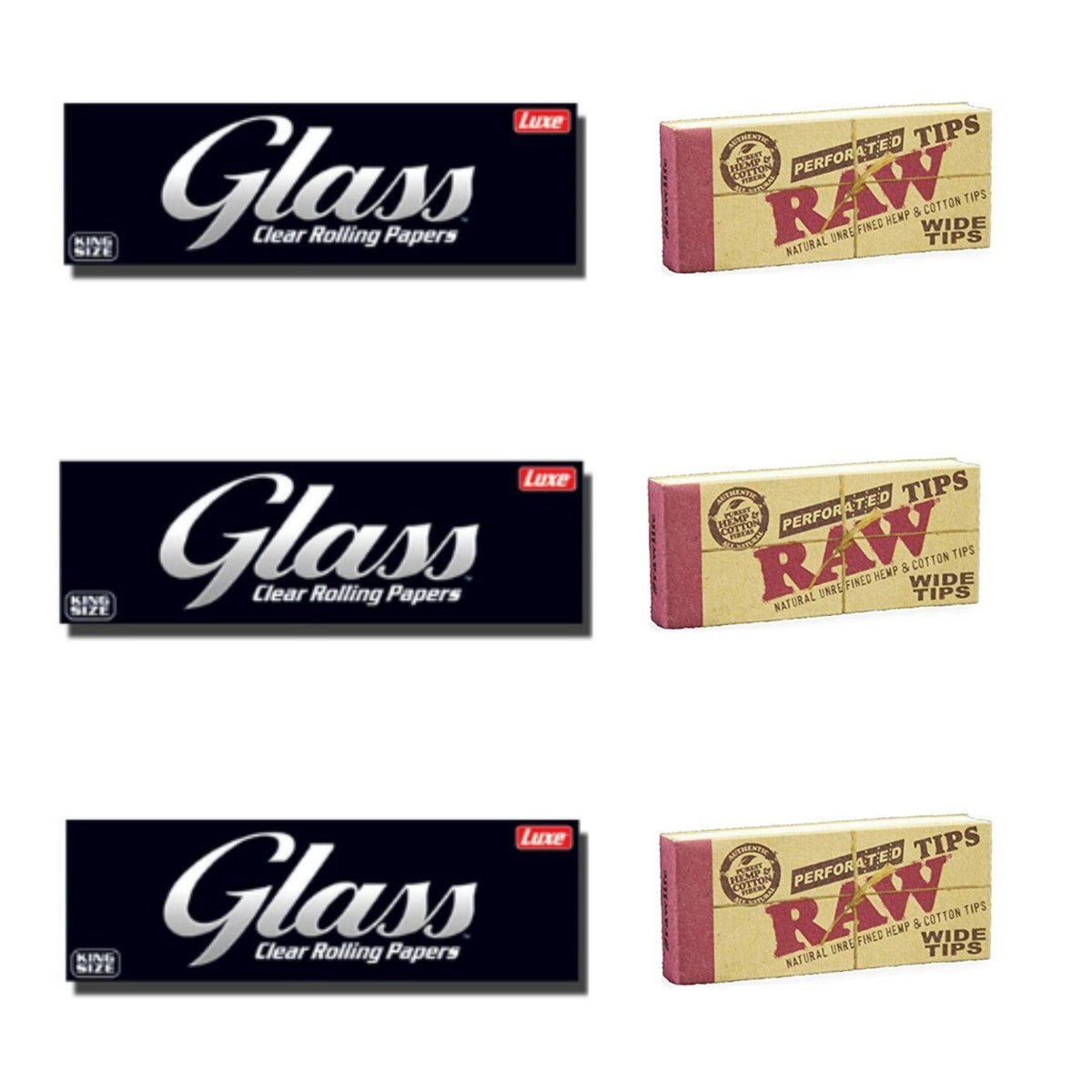 3 Luxe Glass Clear Rolling Papers + 3 RAW Wide Perforated Tips/Roach - Set Of 6