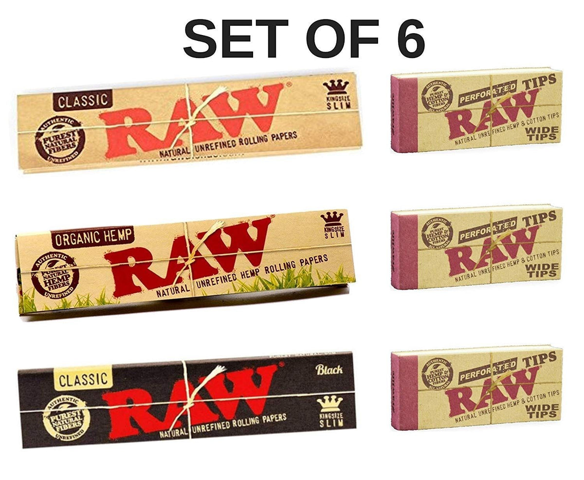 RAW Black, CLassic, Organic Rolling Paper with RAW Wide Perforated Tips - Set of 6