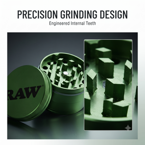 RAW Aluminium Grinder 56mm | 4-Part Metal Design with Precision Grinding Teeth, Mesh Screen & Bottom Collection Chamber | Textured Grip | Compact & Durable | Green