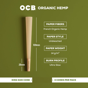 OCB Organic Hemp King Size Pre-Rolled Cones – 1 Pack (3 Pieces), Unbleached