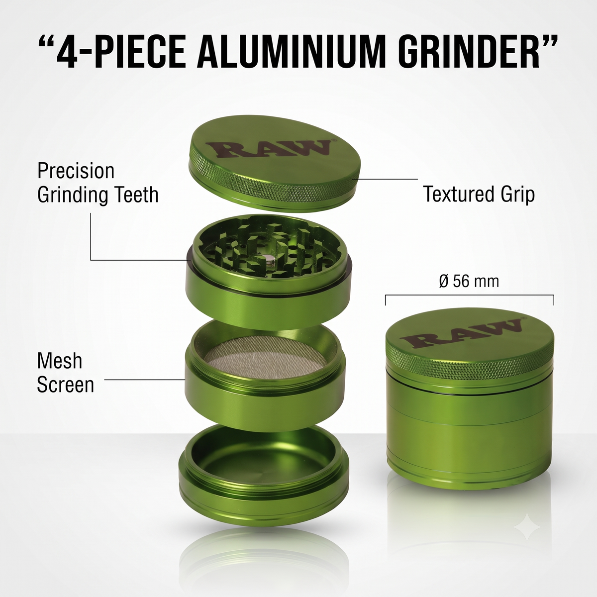 RAW Aluminium Grinder 56mm | 4-Part Metal Design with Precision Grinding Teeth, Mesh Screen & Bottom Collection Chamber | Textured Grip | Compact & Durable | Green