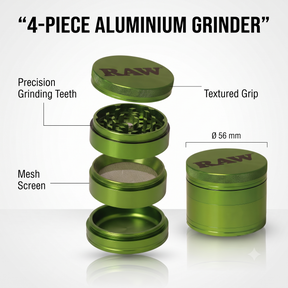 RAW Aluminium Grinder 56mm | 4-Part Metal Design with Precision Grinding Teeth, Mesh Screen & Bottom Collection Chamber | Textured Grip | Compact & Durable | Green