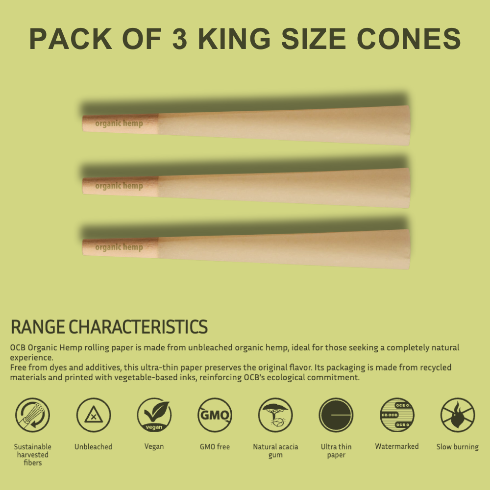 OCB Organic Hemp King Size Pre-Rolled Cones – 1 Pack (3 Pieces), Unbleached