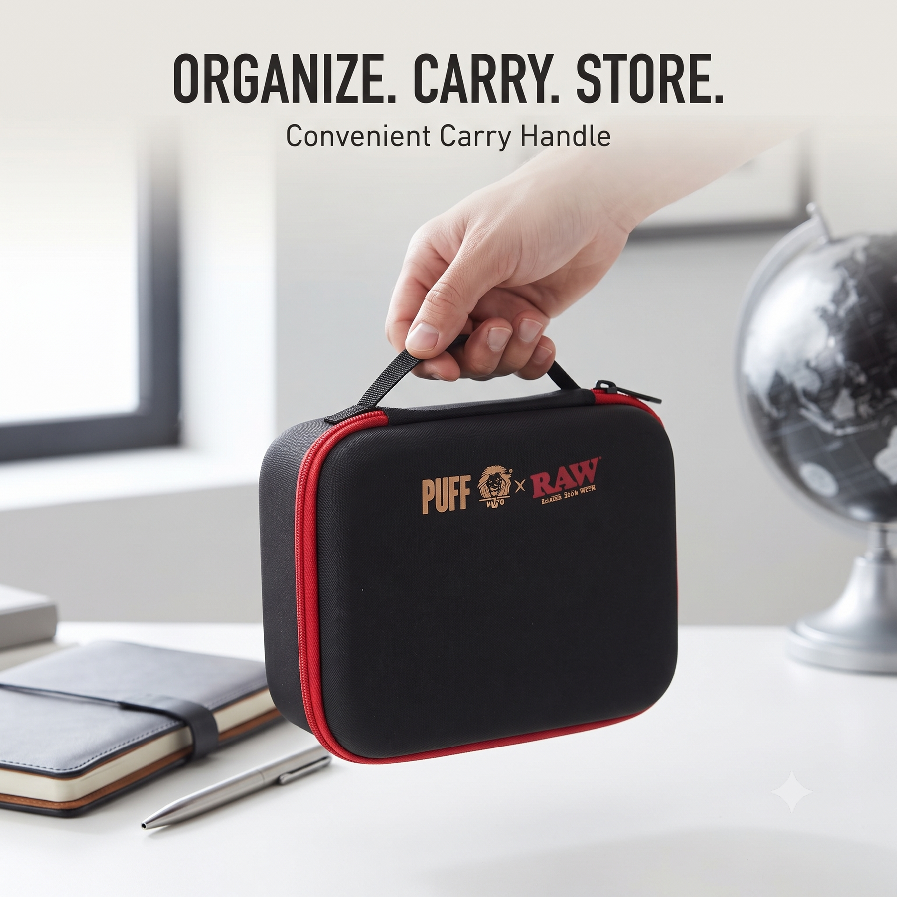 OutonTrip PUFF x RAW Pro Storage Organizer Case – Compact Protective Zipper Carrying Case with Elastic Holders & Organized Interior for Everyday Essentials, Black & Red