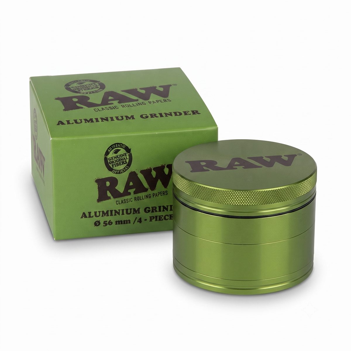 RAW Aluminium Grinder 56mm | 4-Part Metal Design with Precision Grinding Teeth, Mesh Screen & Bottom Collection Chamber | Textured Grip | Compact & Durable | Green
