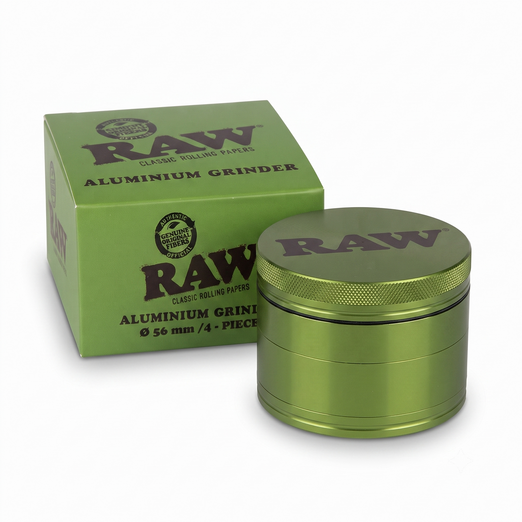 RAW Aluminium Grinder 56mm | 4-Part Metal Design with Precision Grinding Teeth, Mesh Screen & Bottom Collection Chamber | Textured Grip | Compact & Durable | Green