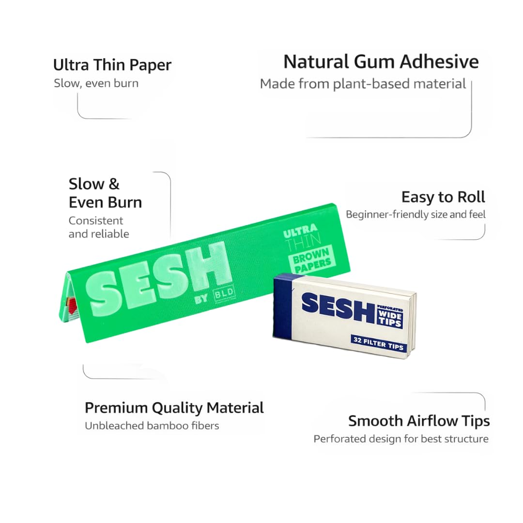 SESH King Size Brown Rolling Paper Combo with Roach Tips | 5 Booklets Papers + 5 Booklets Tips