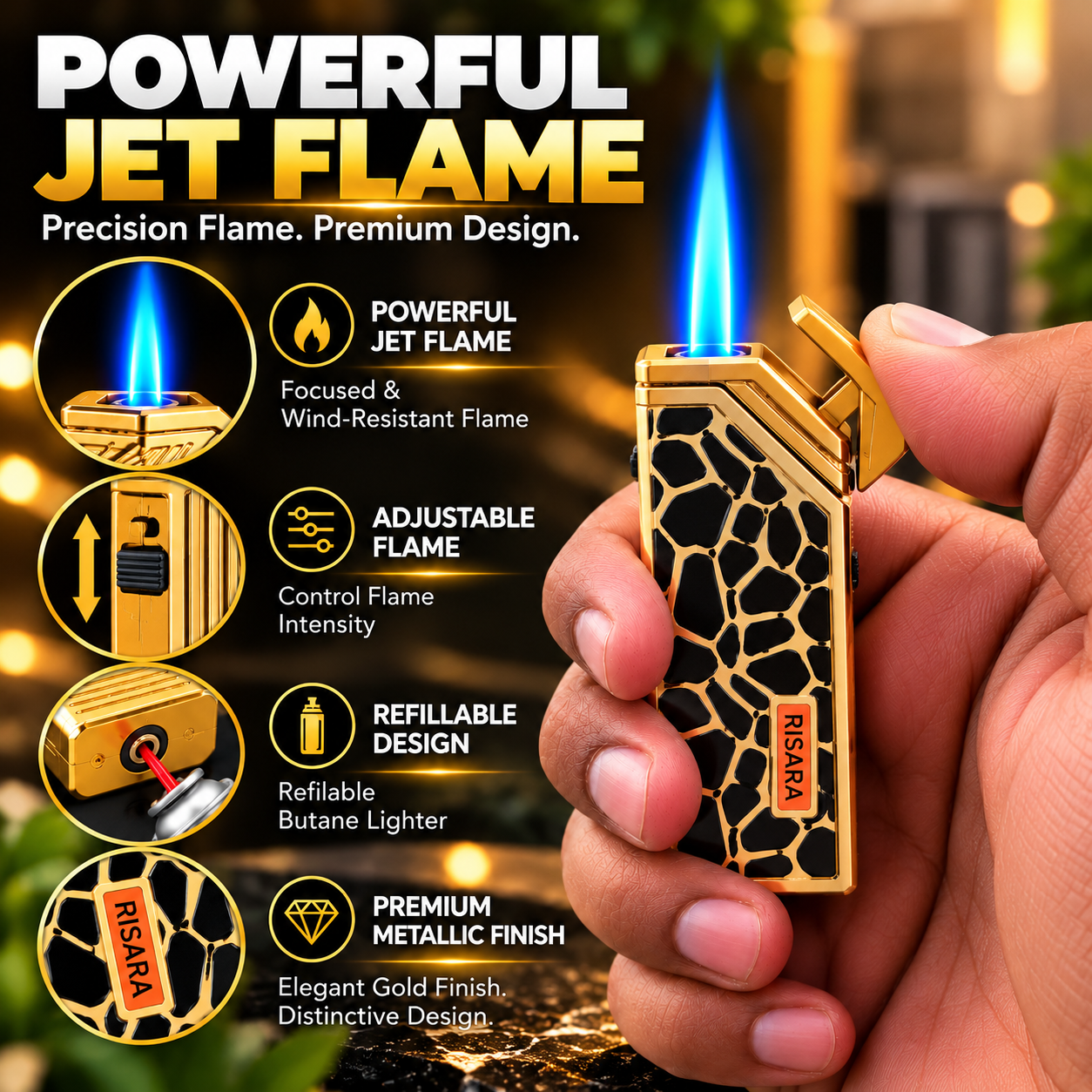 OutonTrip Premium Torch Jet Flame Lighter,Refillable , Golden Finish, Stylish Assorted Designs, Compact Portable Gas Lighter