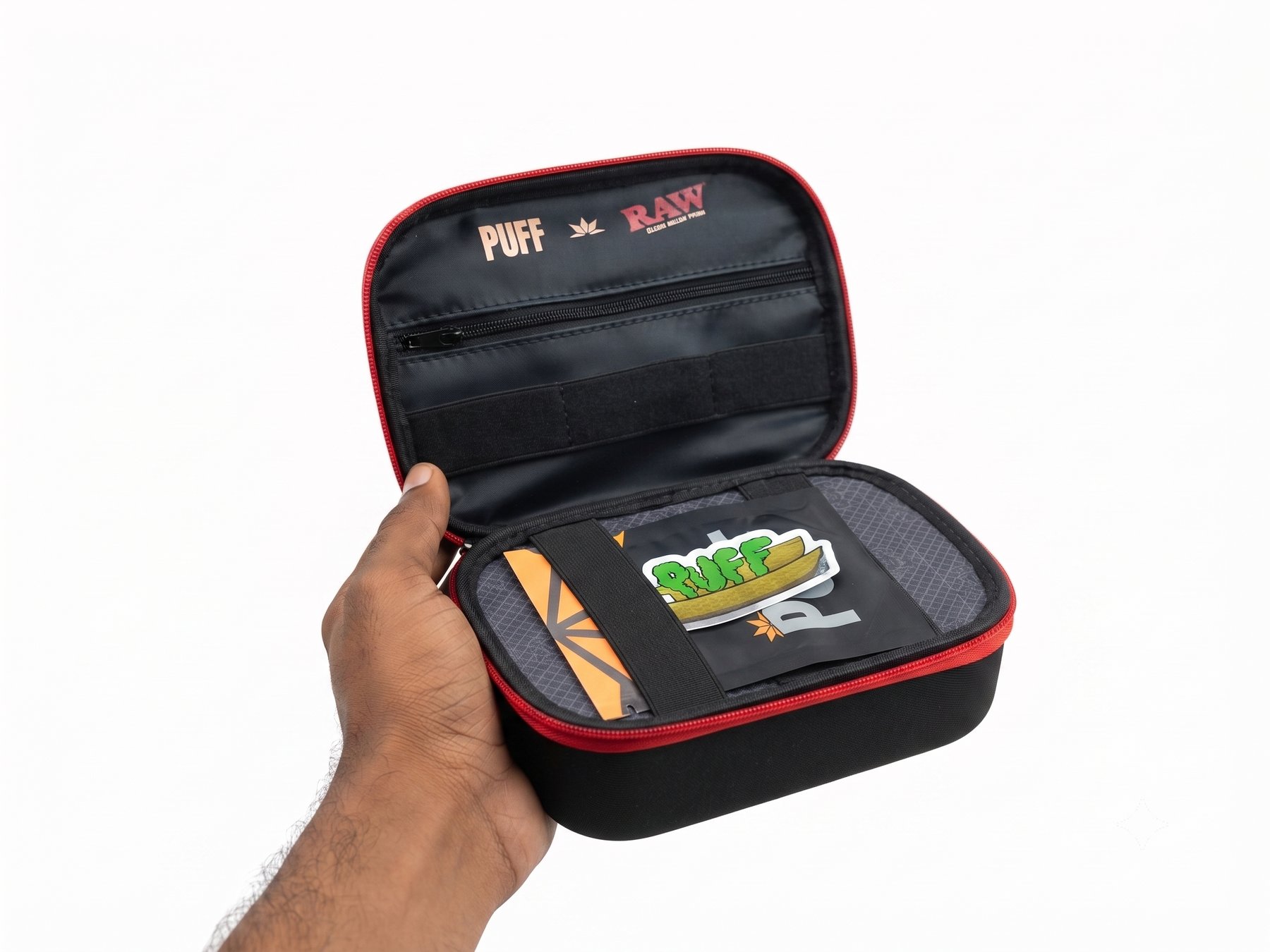 OutonTrip PUFF x RAW Pro Storage Organizer Case – Compact Protective Zipper Carrying Case with Elastic Holders & Organized Interior for Everyday Essentials, Black & Red