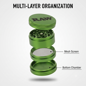 RAW Aluminium Grinder 56mm | 4-Part Metal Design with Precision Grinding Teeth, Mesh Screen & Bottom Collection Chamber | Textured Grip | Compact & Durable | Green