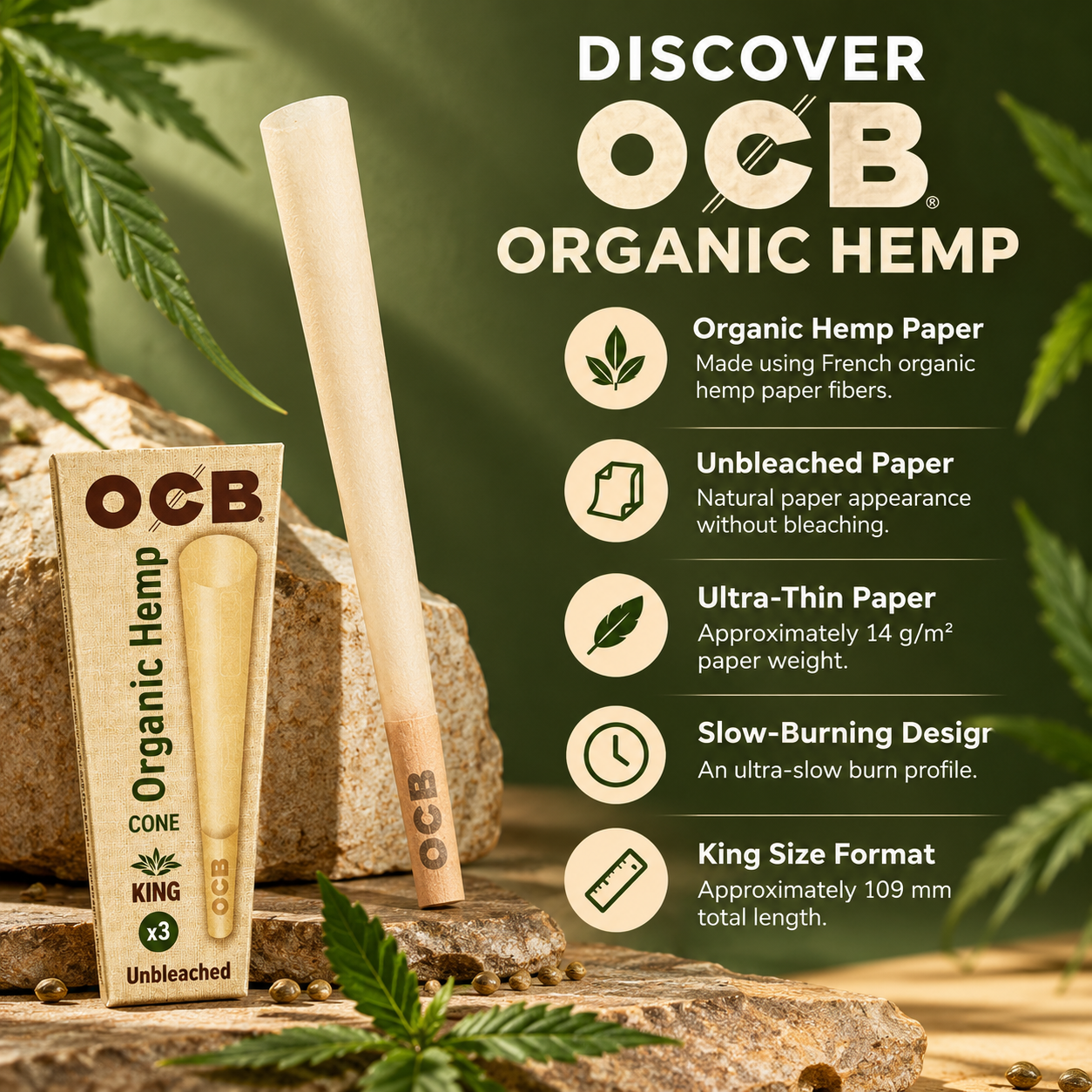 OCB Organic Hemp King Size Pre-Rolled Cones – 1 Pack (3 Pieces), Unbleached
