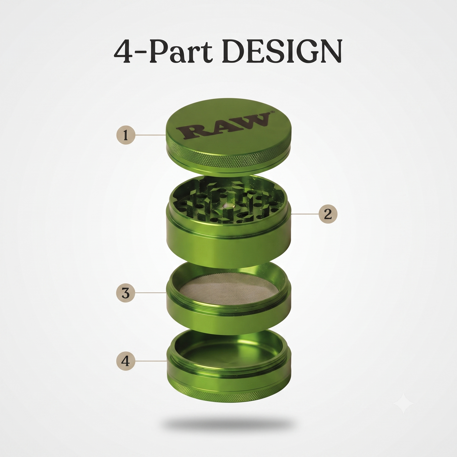 RAW Aluminium Grinder 56mm | 4-Part Metal Design with Precision Grinding Teeth, Mesh Screen & Bottom Collection Chamber | Textured Grip | Compact & Durable | Green