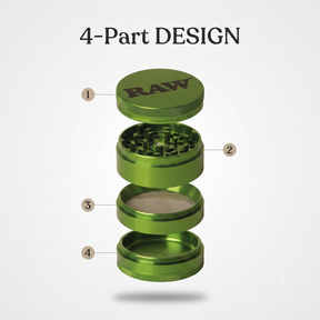 RAW Aluminium Grinder 56mm | 4-Part Metal Design with Precision Grinding Teeth, Mesh Screen & Bottom Collection Chamber | Textured Grip | Compact & Durable | Green