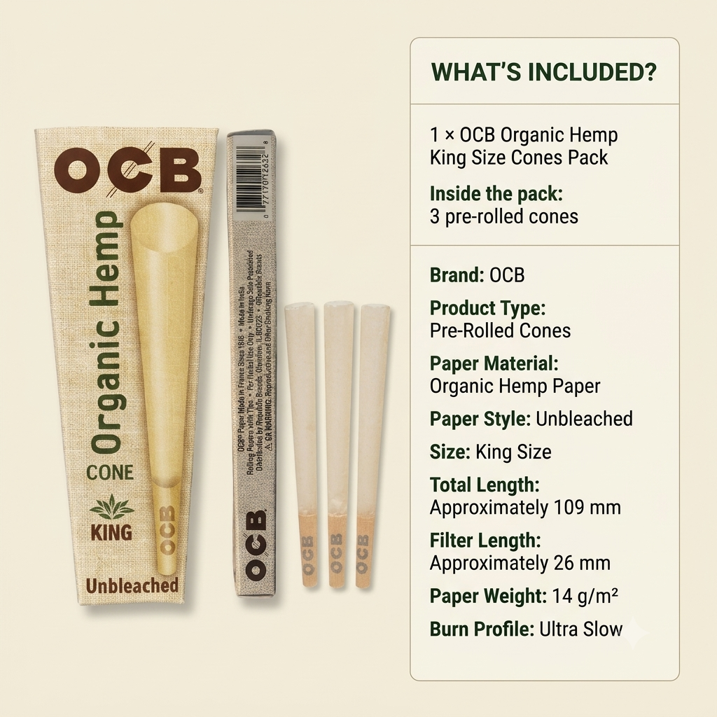 OCB Organic Hemp King Size Pre-Rolled Cones – 1 Pack (3 Pieces), Unbleached