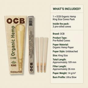 OCB Organic Hemp King Size Pre-Rolled Cones – 1 Pack (3 Pieces), Unbleached