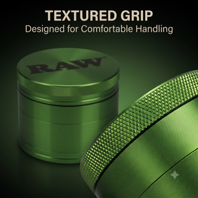 RAW Aluminium Grinder 56mm | 4-Part Metal Design with Precision Grinding Teeth, Mesh Screen & Bottom Collection Chamber | Textured Grip | Compact & Durable | Green
