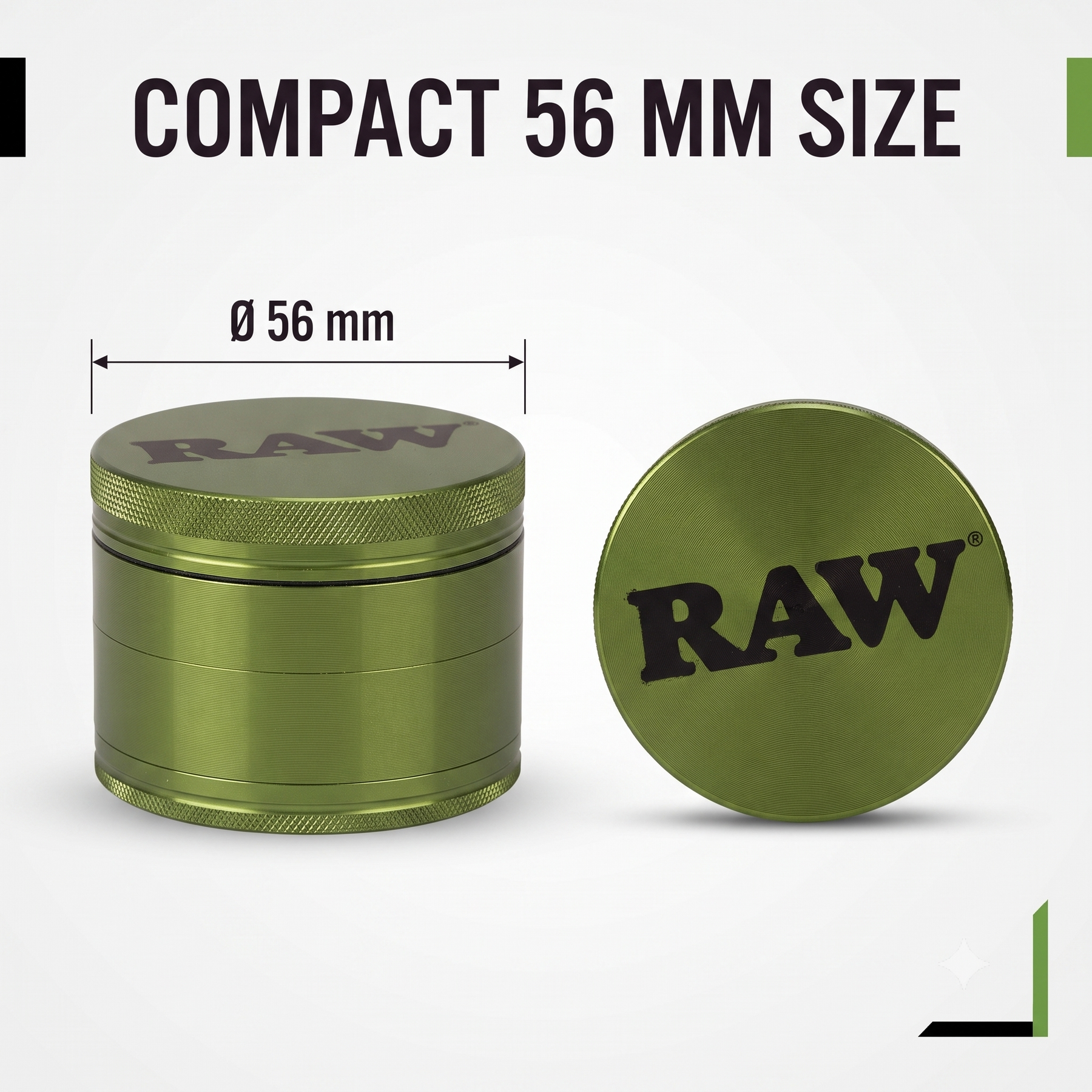 RAW Aluminium Grinder 56mm | 4-Part Metal Design with Precision Grinding Teeth, Mesh Screen & Bottom Collection Chamber | Textured Grip | Compact & Durable | Green