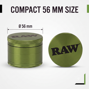 RAW Aluminium Grinder 56mm | 4-Part Metal Design with Precision Grinding Teeth, Mesh Screen & Bottom Collection Chamber | Textured Grip | Compact & Durable | Green