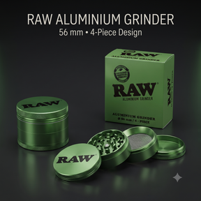 RAW Aluminium Grinder 56mm | 4-Part Metal Design with Precision Grinding Teeth, Mesh Screen & Bottom Collection Chamber | Textured Grip | Compact & Durable | Green