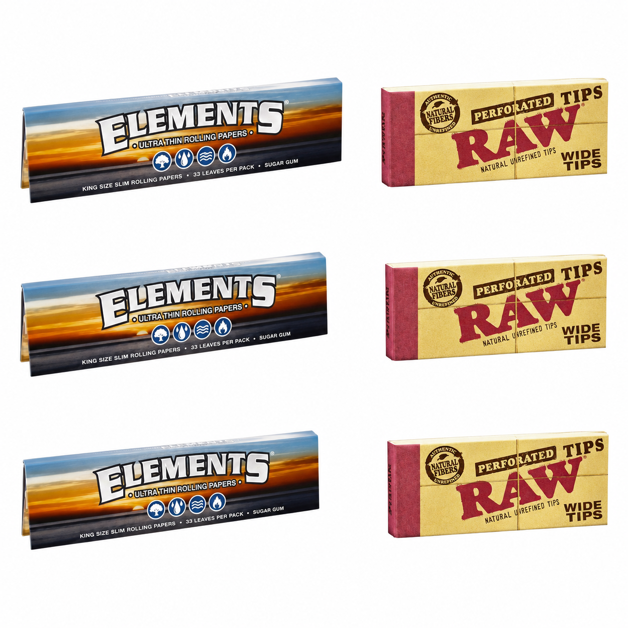 Elements Rolling Paper with RAW Wide Perforated Tips - Set of 6