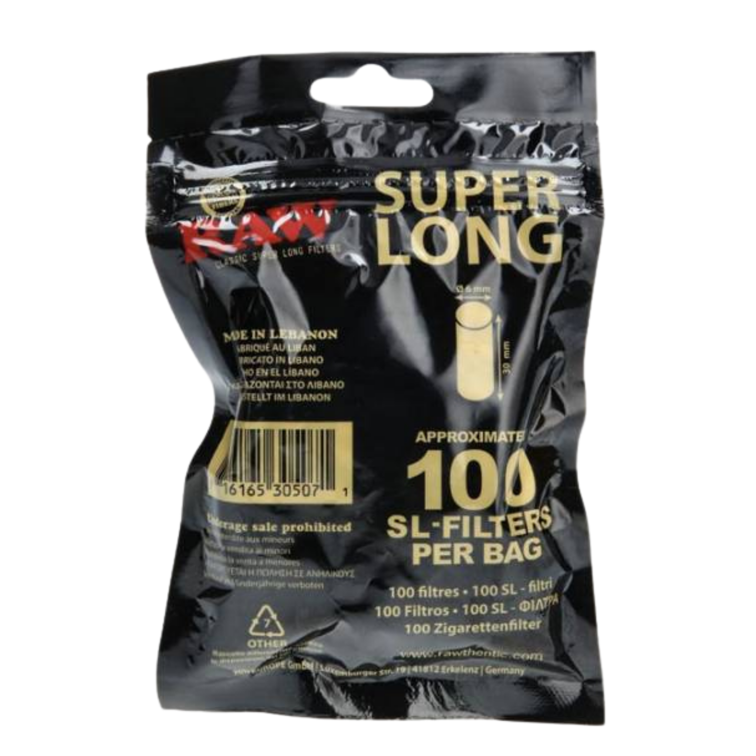 RAW SUPER LONG FILTERS - UNBLEACHED SLIM SL30, 100 TIPS PER BAG